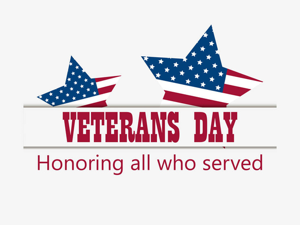 Happy Veterans Day 11 november. Ter ere van allen die geserveerd. Wenskaart met lint en sterren. Vijf-puntige ster met vlag usa. Vectorillustratie - Vector, afbeelding