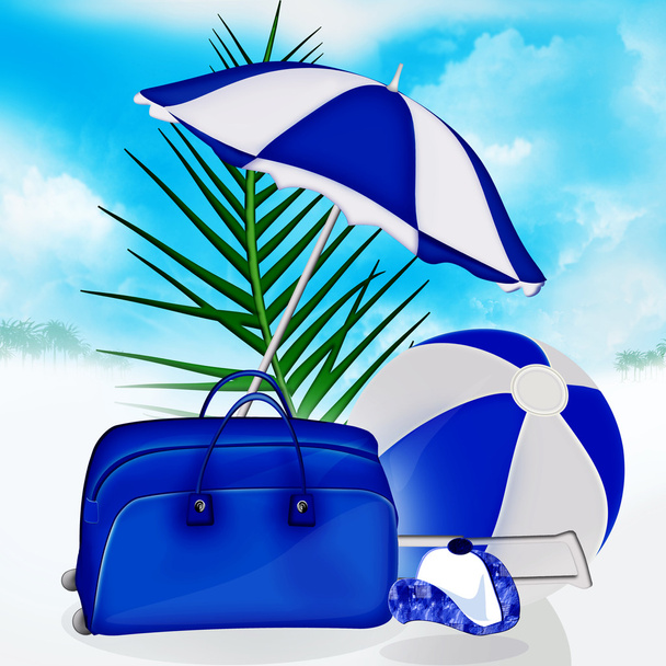 Bolsa azul, bola, guarda-chuva palma, boné
 - Foto, Imagem