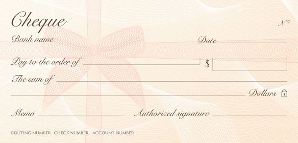 Check, Cheque (Chequebook template). Guilloche pattern with red bow watermark. Background hi detailed for banknote, money design, currency, bank note, Voucher, Gift certificate, Money coupon - Vector, imagen