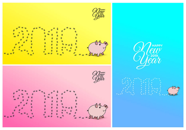 Ευτυχισμένο το νέο έτος 2019. Μονοπάτι μονοπάτι του χοίρου εκτυπώνει 2019. Κινέζικο νέο έτος ευχετήρια κάρτα. Εικονογράφηση διάνυσμα. Απομονωμένα σε κίτρινο, ροζ και μπλε φόντο. - Διάνυσμα, εικόνα