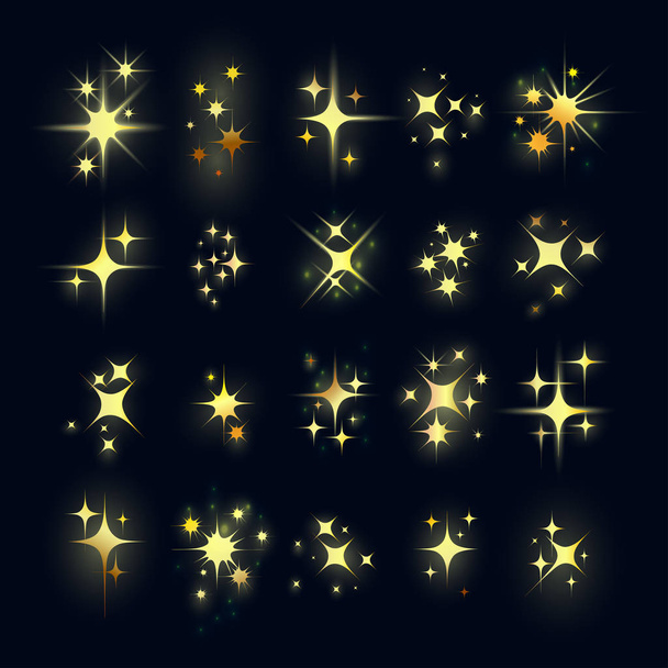 Набір золотих зірок ігристий і мерехтливий мультфільм. Блискучі частинки світла зірки. Векторні ілюстрації. Ізольовані на чорному тлі
. - Вектор, зображення