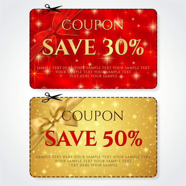 Discount Coupon, Voucher vector. Golden stars layout template with red holiday bow,  Abstract Christmas starry background. Save money tag 15 off, 50 off. Promo voucher design, Gift card - Vector, Image