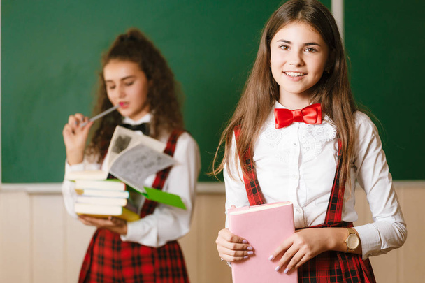 duas alunas engraçadas em uniforme escolar estão de pé com livros no fundo do conselho escolar
. - Foto, Imagem