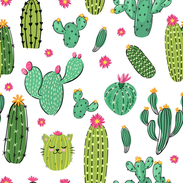 Seamless pattern with hand drawn desert cactus plants illustration - Vector, Image