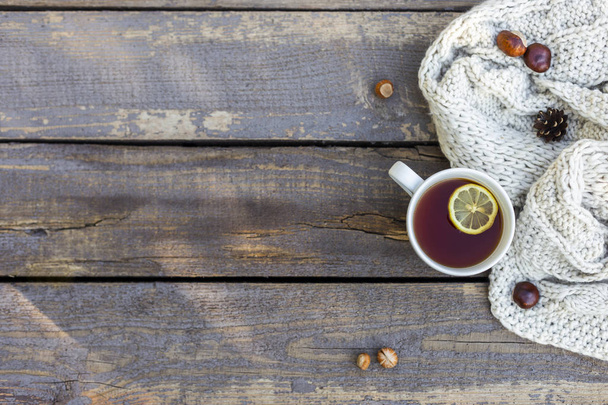 White cup with tea and lemon, knitted scarf and nuts near, on wood background at park - Photo, image