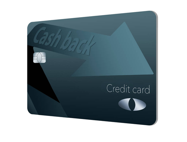 現金背部報酬のクレジット カードです。それは青とカードの名義人に戻ってくる現金の方向を指す矢印の付いた黒です。. - 写真・画像