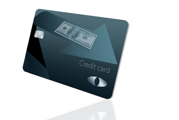現金背部報酬のクレジット カードです。それは青とカードの名義人に戻ってくる現金の方向を指す矢印の付いた黒です。. - 写真・画像