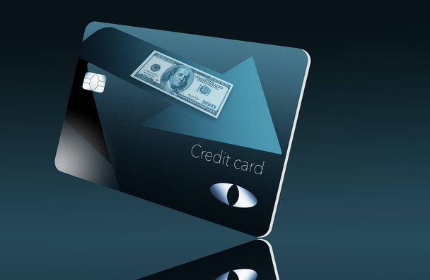 Oto karty kredytowej powrót nagrody pieniężne. Jest niebieski i czarny z strzałka skierowana w kierunku kasy wraca do posiadacza karty. - Zdjęcie, obraz