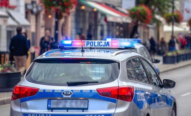 Politie-auto op patrouille met knipperende rode en blauwe neon waarschuwingssignalen springen. - Foto, afbeelding