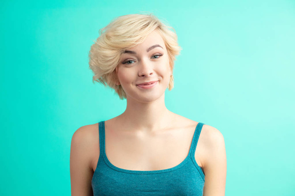 Fashion Haircut. Hairstyle. Woman with Short Blonde Hair Style.  - Photo, image