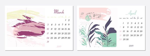 Vector calendar for 2019. Set of 2 months, 2 Hand drawn textures. Week Starts Sunday. Calendar for 2019 vector template with abstract art pattern. - Vecteur, image