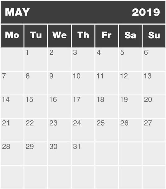 Calendrier de planification de mois classique en anglais pour mai 2019, du lundi au dimanche (toute l'année disponible en portfolio), modèle vierge, échelle de gris
 - Vecteur, image
