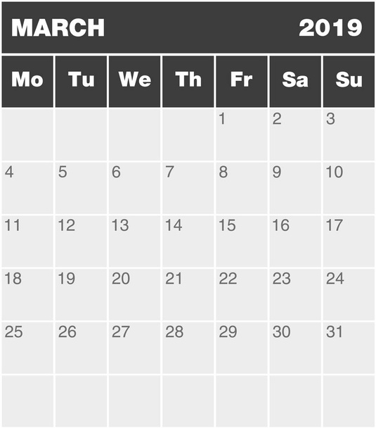 Calendario clásico de planificación de meses en inglés para marzo de 2019, de lunes a domingo (todo el año disponible en cartera), plantilla en blanco, escala de grises
 - Vector, imagen