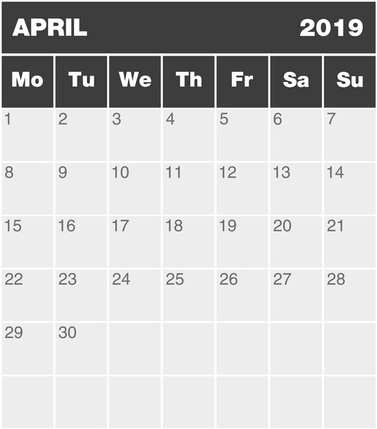 2019 年 4 月、月曜日 ~ 日曜日 (ポートフォリオのすべて年つき)、空のテンプレート、グレースケール英語カレンダー クラシック月計画 - ベクター画像