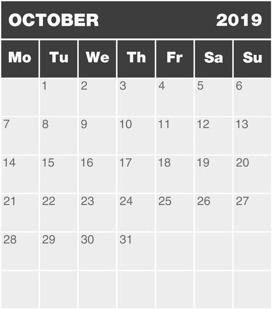空白のテンプレート、グレースケール 2019年 10 月、月曜日 ~ 日曜日 (ポートフォリオのすべて年つき) の英語でカレンダー クラシック月計画 - ベクター画像