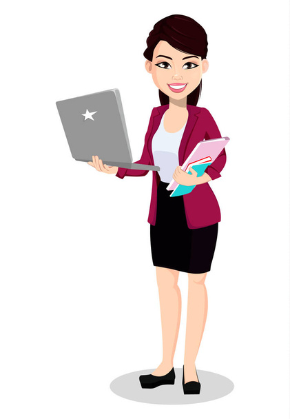 Ασιατικές γυναίκα με ρούχα γραφείου. Όμορφη κοπέλα, χαρακτήρας κινουμένων σχεδίων κατέχει laptop και έγγραφα. Εικονογράφηση διάνυσμα που απομονώνονται σε λευκό φόντο. - Διάνυσμα, εικόνα