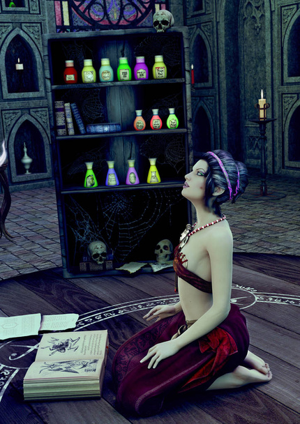 Колдунья, читающая магическую книгу в храме
. - Фото, изображение