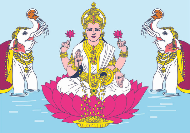 Ilustração da deusa lakshmi com texto. Navaratri, é um festival hindu de nove noites (e dez dias), celebrado no outono todos os anos. - Vetor, Imagem
