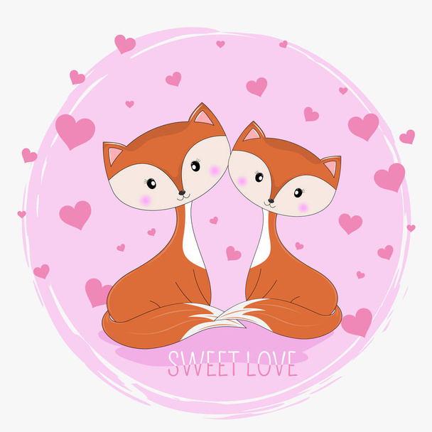 Cute two lovely foxes girl on a pink hearts background. Graphics for t-shirts. Greeting card. Vector illustration. - Vektor, Bild
