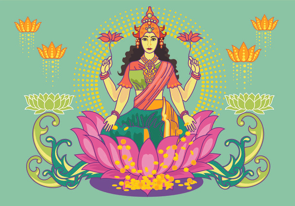 Tanrıça Lakshmi 'nin metinli tasviri. Navaratri, her yıl sonbaharda kutlanan dokuz gece (ve on gün) Hindu festivali.. - Vektör, Görsel