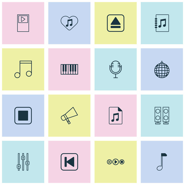Multimédia ikon készlet audio fájlt, hang-gombokat, szintetizátor és zongora elemeivel. Elszigetelt vektoros illusztráció multimédia ikonok. - Vektor, kép
