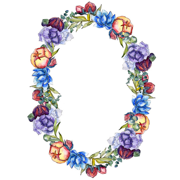 Aquarel kleurrijke boeket bloemen. Floral botanische bloem. Frame grens ornament vierkant. - Foto, afbeelding