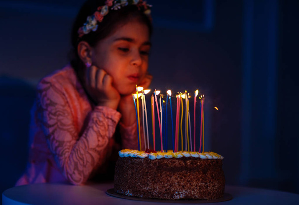 Birthday. A little sweet girl blows out candles on the stoke. - Fotografie, Obrázek