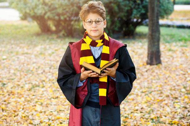Junge mit Brille steht im Herbstpark, hält Zauberstab in der Hand, Buch, trägt schwarzen Anzug und gestreiften Schal. Halloween-Kostüm, Cosplay - Foto, Bild