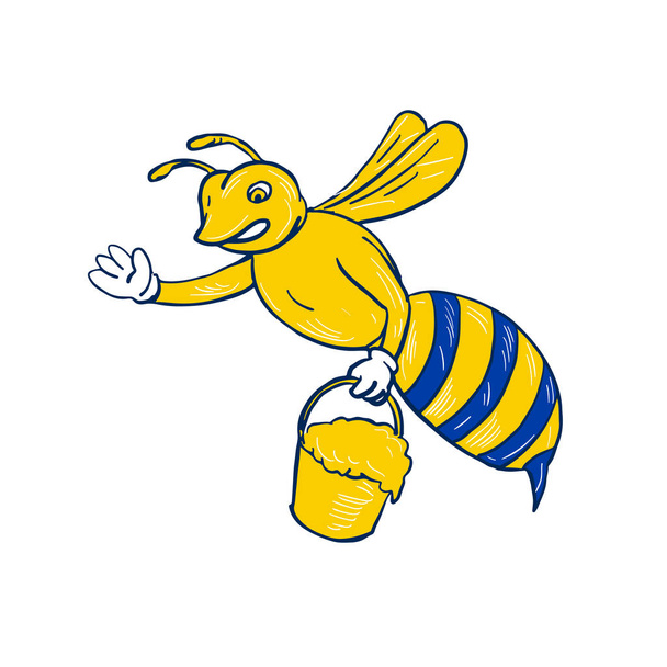 Σχέδιο σκίτσο στυλ εικονογράφηση από μια μέλισσα ή μέλι μέλισσα κουνώντας μεταφέρουν ένα κουβαδάκι του στάζει μέλι σε απομονωμένες άσπρο φόντο. - Διάνυσμα, εικόνα