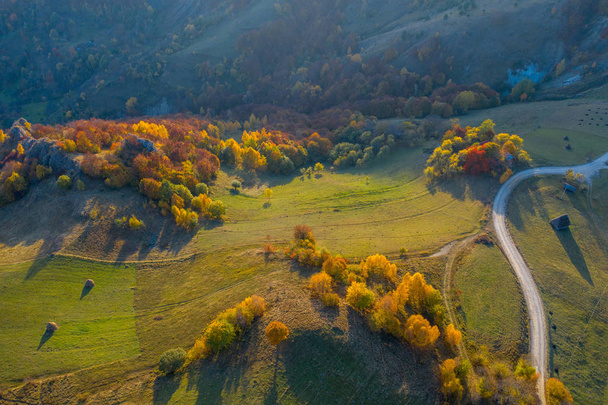 Aerial view of beautiful autumn hills and colorful forest from a drone. Transylvania, Romania - Zdjęcie, obraz