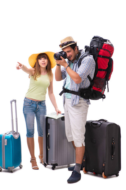 Jonge familie voor te bereiden op vakantie reizen op wit - Foto, afbeelding