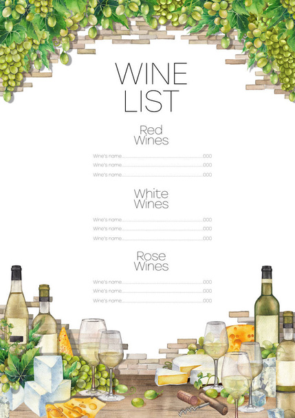Акварельные бокалы белого вина, бутылки, белый виноград и сыр
. - Фото, изображение
