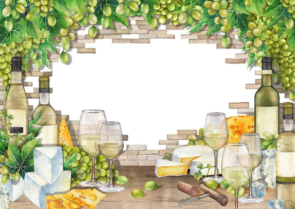 Акварельні келихи з білого вина, пляшки, білий виноград і сир
. - Фото, зображення