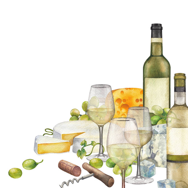 白ワイン、ボトル、白ブドウとチーズの水彩画のメガネ. - 写真・画像