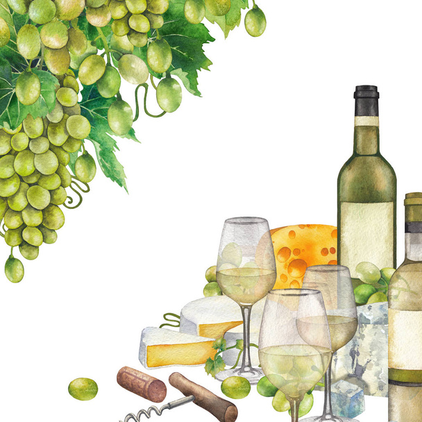 Watercolor glasses of white wine, bottles, white grapes and cheese. - Photo, Image