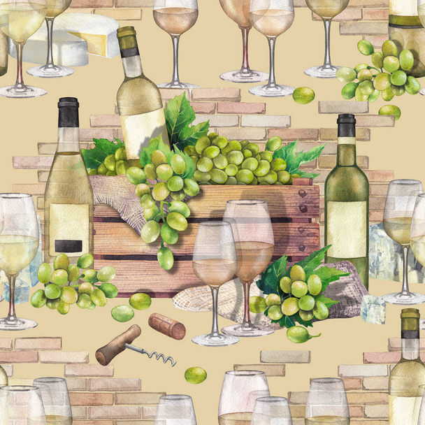 Коробка с акварелью с бутылкой и виноградом с бокалами вина впереди
 - Фото, изображение