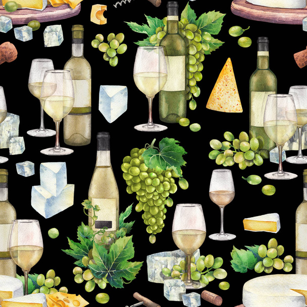 Watercolor wine glasses and bottles, white grapes, cheese, cork and corkscrew - Photo, Image