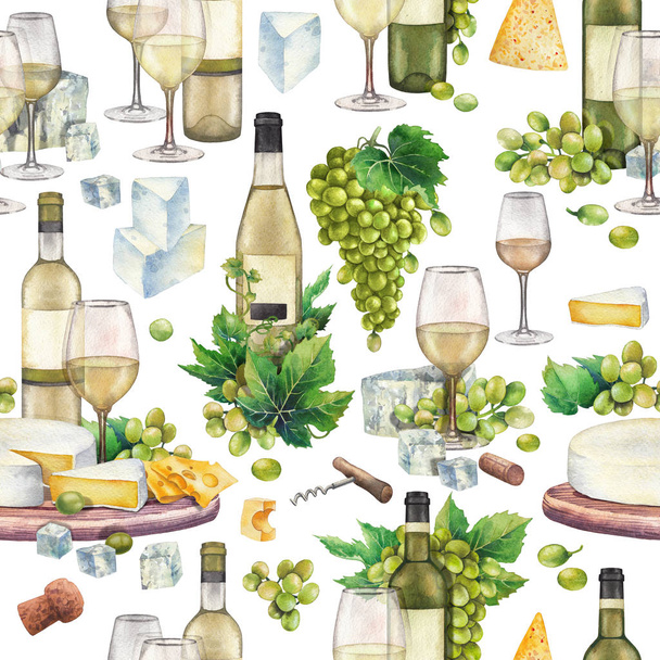 Ακουαρέλα κρασιού ποτήρια και μπουκάλια, άσπρα σταφύλια, τυρί, φελλό και τιρμπουσόν - Φωτογραφία, εικόνα