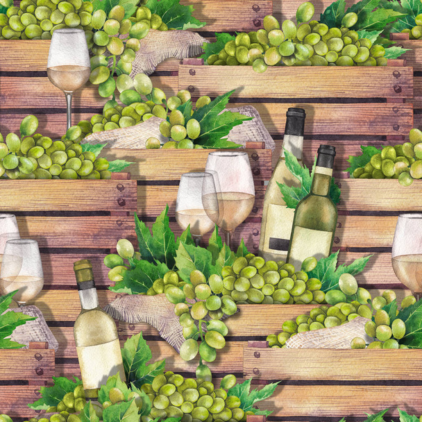 Boîtes aquarelle en bois avec bouteilles, verres de vin blanc et raisins blancs
 - Photo, image