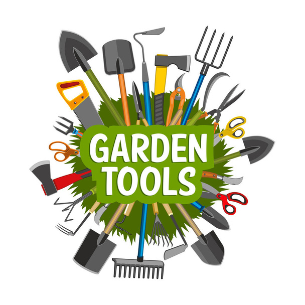 Ferramentas de jardinagem, equipamentos e grama verde
 - Vetor, Imagem