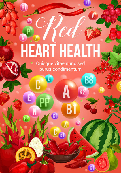 Ernährung mit roter Farbe, Gemüse und Obst - Vektor, Bild