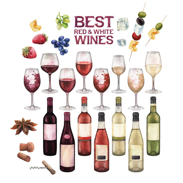Verres à vin aquarelle, bouteilles et autres avec de délicieux aliments
 - Photo, image