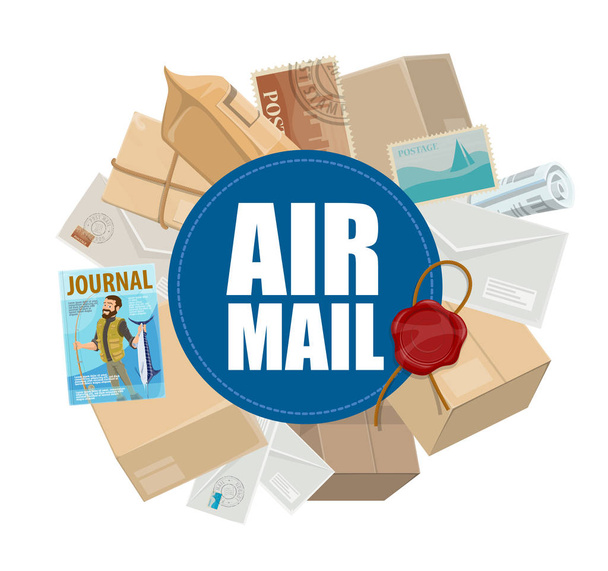Luchtpost, post levering service en lucht lading thema. Brieven, percelen en enveloppen, postkaarten, postzegels en kranten met verzendkosten wax zegel - Vector, afbeelding