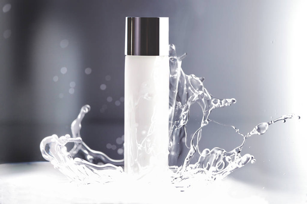 un embalaje blanco de producto cosmético fue configurado para disparar con agua salpicada en el estudio
 - Foto, Imagen