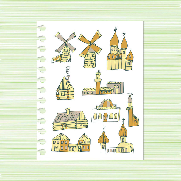 Mill, cottage, lighthouse. Set. Sketch. Doodle - Vector, Image