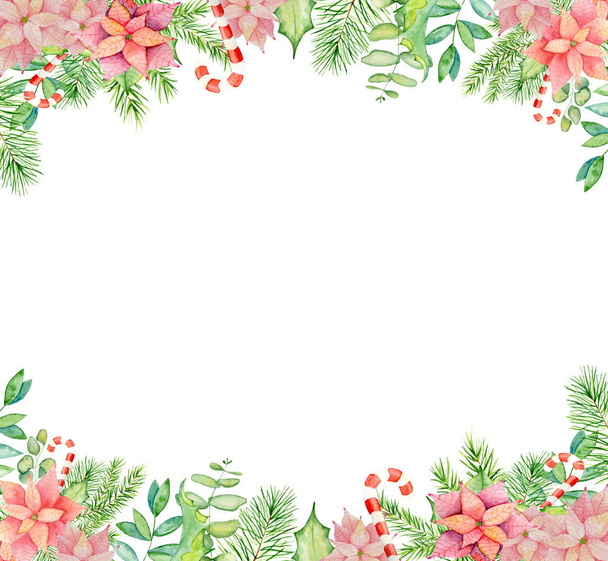 Merry Christmas watercolor frame with floral winter elements. Happy New Year card, posters.  - Φωτογραφία, εικόνα