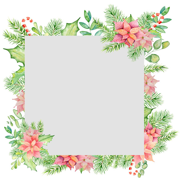 Merry Christmas watercolor frame with floral winter elements. Happy New Year card, posters.  - 写真・画像