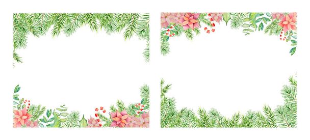 Merry Christmas watercolor frame with floral winter elements. Happy New Year card, posters.  - Fotoğraf, Görsel