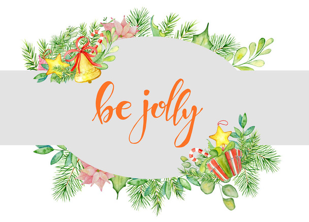Merry Christmas watercolor card with floral winter elements. Be jolly lettering quote - Photo, Image