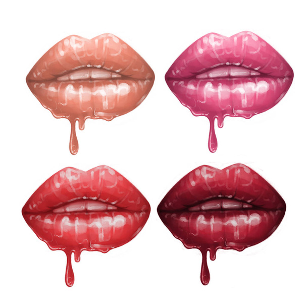 Collection of realistic lips with flowing glossy lipsticks in various colors. - Photo, Image
